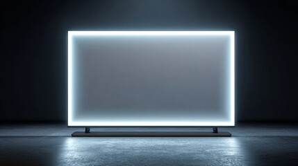 Large digital display mockup with smart TV design, ultra-thin frame, 3D rendering isolated on black backdrop, blank glowing screen ready for advertising