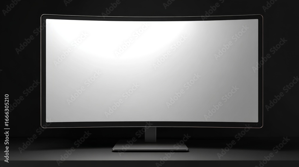 Poster modern ultra-wide computer monitor mockup with black glossy edges, blank display isolated on dark ba