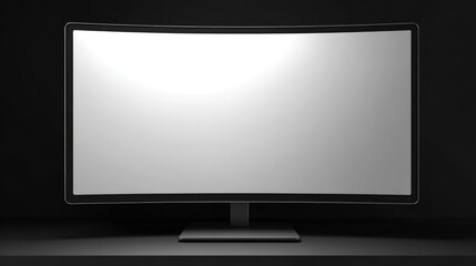 Modern ultra-wide computer monitor mockup with black glossy edges, blank display isolated on dark background, 3D render in clean minimal style
