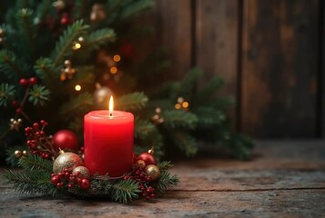 Red Christmas candle on wood with wreath - Xmas background for greeting card with copy space.