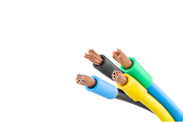 Three colored electrical wires with exposed copper strands
