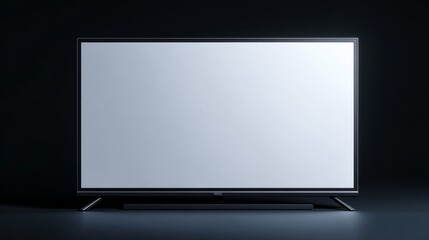 Ultra-slim television screen mockup with blank white display, sleek black frame, isolated on dark background, professional 3D rendered scene