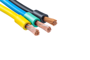 Three colored electrical wires with exposed copper strands

