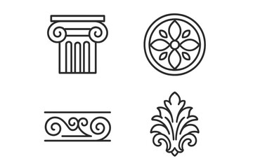 Architectural decorative elements outline icons set. Greek roman classic ornaments. Ionic column, acanthus leaf, rosette, frieze scroll. Vector logo symbols illustration.