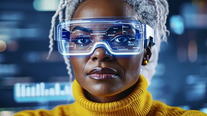 Futuristic woman wearing glasses with digital display in high-tech setting - Powered by Adobe