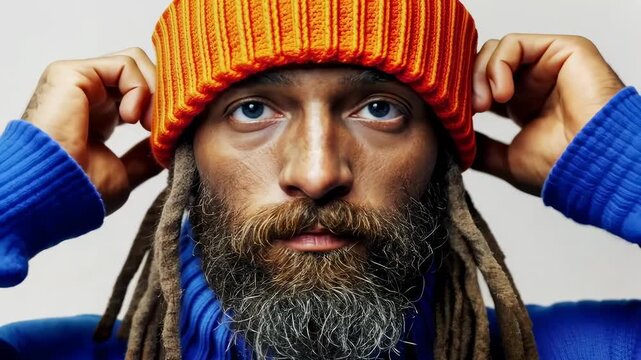 Man with dreadlocks in vibrant hat and sweater