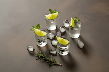 Celebrate National Vodka Day with chilled vodka shots garnished with fresh lime and mint, surrounded by melting ice cubes on a sophisticated dark surface
