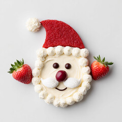 Santa Claus head designed with food, strawberry, whipped cream, cherry, chocolate, creative flat lay, festive and cheerful Christmas holiday decoration, white background 