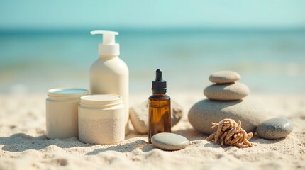Obraz na płótnie Canvas Assortment of skincare products with stones and sea coral on a sandy beach near the ocean view
