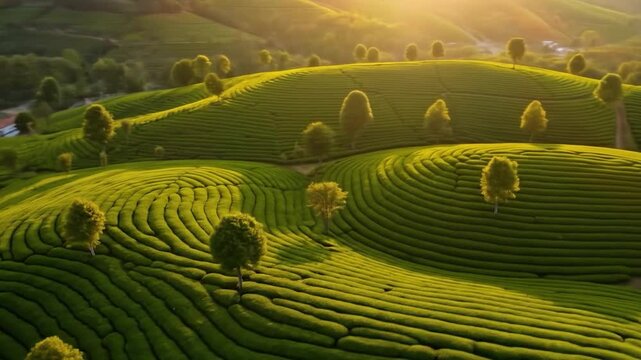 Green terraced fields on rolling hills landscape aerial view