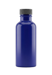 Sleek matte ceramic cylindrical bottle with dark charcoal grey cap, deep sapphire blue liquid, on transparent background with copy space. Concept of modern scientific elegance