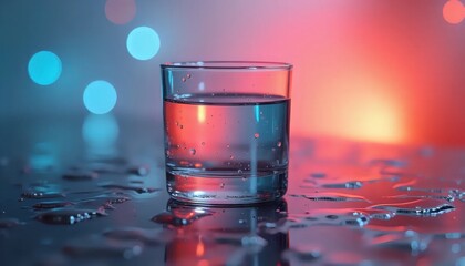 A glass of water with water droplets on a reflective surface.