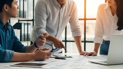 A diverse team of professionals collaborates on a business project, reviewing documents and using technology in a modern office setting - Powered by Adobe