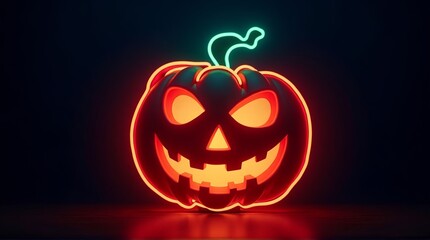 Glowing jack o lantern with orange and teal neon lights on a dark background for halloween season