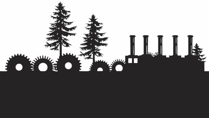 Silhouette of gears trees and industrial structures against a white background in black and white style |  editable eps vectors