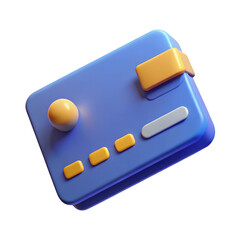 Floating 3d blue credit card with yellow and white elements on a dark studio background transparent background