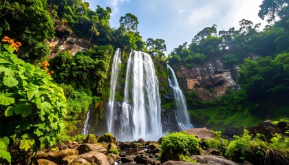 Naklejka premium A majestic waterfall cascades down a rocky cliff face, surrounded by lush, vibrant greenery.