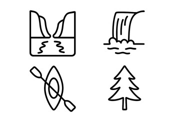 Fjord valley icon set. Outline vector icons of steep cliff, waterfall, kayak, and pine tree. Nature, travel, adventure, and scandinavian landscape symbols for logo design.