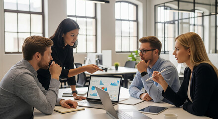 Fototapeta premium Diverse team collaborates on a business project around a laptop