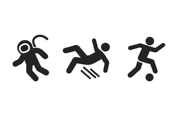 Gravity icons set. Human interaction with physics. Floating astronaut in zero-g, falling person slipping, soccer player running. Solid fill pictogram vector illustration.