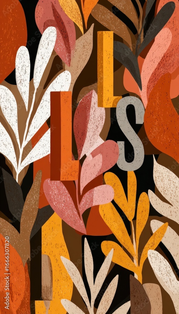 Poster seamless retro fall-inspired vector pattern with abstract leaves and letters