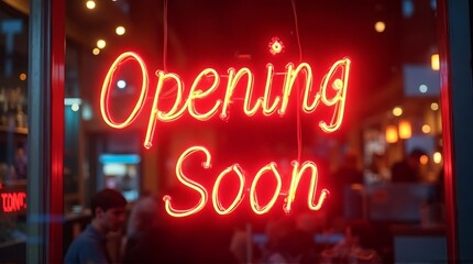 A bright red neon sign in a window that says opening soon in a cursive style font at night time