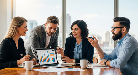 Diverse business team collaborating around a laptop in a modern office