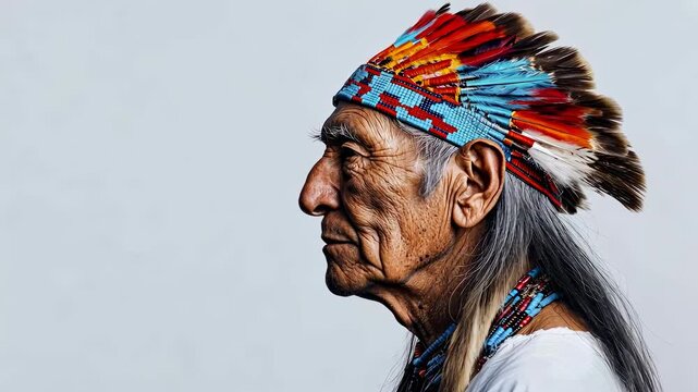 Elderly native man in traditional headdress adorned with feathers and beads
