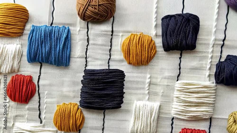 Poster colorful threads arranged in a playful pattern on fabric