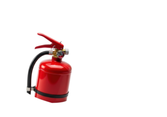Red industrial fire extinguisher with metallic accents forcefully discharging dense white chemical foam on a transparent studio background, high-key lighting. emphasizing essential safety