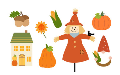 Fototapeta premium collection of autumn seasonal clipart. vector illustration set of autumn patterns featuring a scarecrow, pumpkin, gnome, house, acorn, sunflower, corn and crow. For harvest festival, Thanksgiving. 