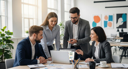 Diverse business team collaborating on a project around a laptop