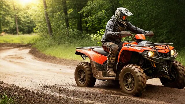 Rider in protective gear drives ATV quad bike along forest trail, off-road adventure and motorsport activity 4K
