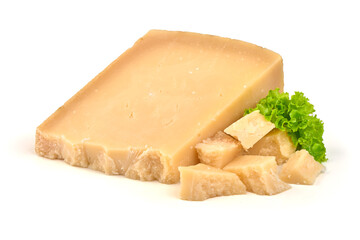 Parmesan Cheese Wedge, Pieces, Lettuce, isolated on white background