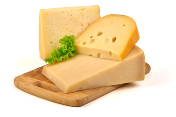 Stacked cheese wedges on wooden board, against a bright white backdrop. Emmental, Gouda, and Parmesan. Culinary, delicious, rich.