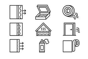 Insulation and sealing outline icon set. Vector symbols for wall layers, attic hatch, weatherstripping tape, draft proofing, and spray foam. Home energy efficiency concept.