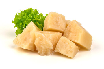 Rustic parmesan chunks, isolated on white background