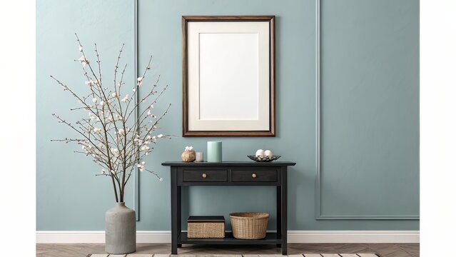 dark teal interior frame mockup with console table and elegant decor setup