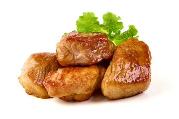 Teriyaki Pork Cubes with Lettuce, isolated on white background
