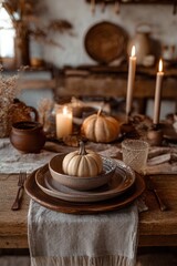 Naklejka premium Rustic Wooden Dining Table Set for Two with Linen and Autumn Decor