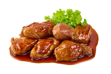 Glazed pork cubes with Teriyaki Sauce, isolated on white background