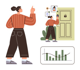 Woman scans face on smart lock for door access. Grid with data analysis bar chart below. Ideal for technology, security, innovation, privacy, identification, data tracking, and digital access themes