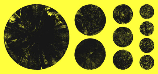 Grungy textured hand printed circle shapes of various size set. Handmade distressed backgrounds bundle. Linocut vector relief printing round rough retro aged texture. Grunge text frame boxes templates