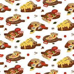 pattern of triangular pizza slices on a wooden tray. Flat color illustration with doodle lines in a seamless texture. Various toppings. Cheese, pepper, tomato, spinach, mushrooms. Different positions