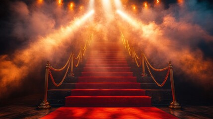 A grand red carpet staircase lined with golden stanchions and ropes, bathed in dramatic spotlights and atmospheric smoke.