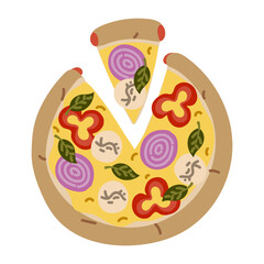 Ready round pizza with triangular slice cut off, sausage side. Special filling. Sausage, mozzarella, pepper, onion, spinach. Flat color illustration. Fast food, homemade pizza. Marketing for pizzeria