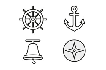 Nautical Outline Icons Set of 4 - Maritime Symbols for Sea Travel, Marine Navigation, Sailing and Ocean Exploration, Vector Illustration on Transparent Background