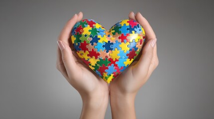 Global Diversity Awareness. Hands Holding Colorful Puzzle Heart on World Autism Awareness Day
