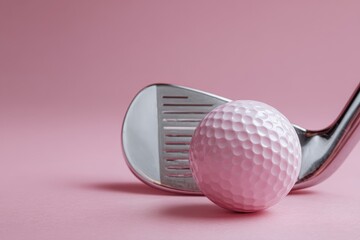 Golf Pink. Championship Concept with Closeup of Ball and Club on Pink Table Background