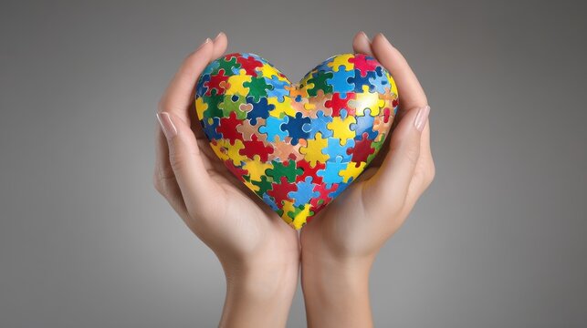Global Diversity Awareness. Hands Holding Colorful Puzzle Heart on World Autism Awareness Day